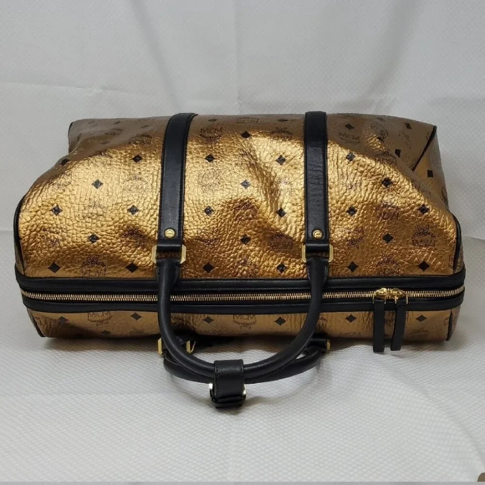 MCM Metallic Gold Weekend Duffle Duffel Coated Travel Bag Handbag